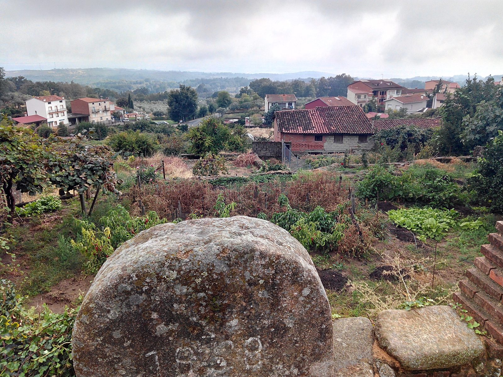 Vista de Talaveruela de la Vera con sus huertos y la Sierra de Gredos